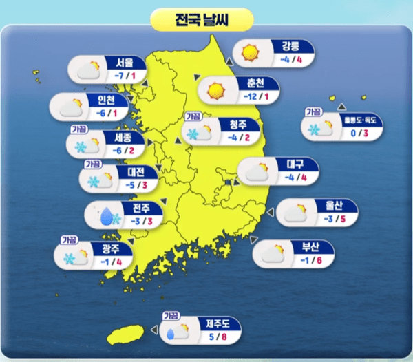 [오늘날씨] 아침 영하 10도 내외.... 일부 지역 눈